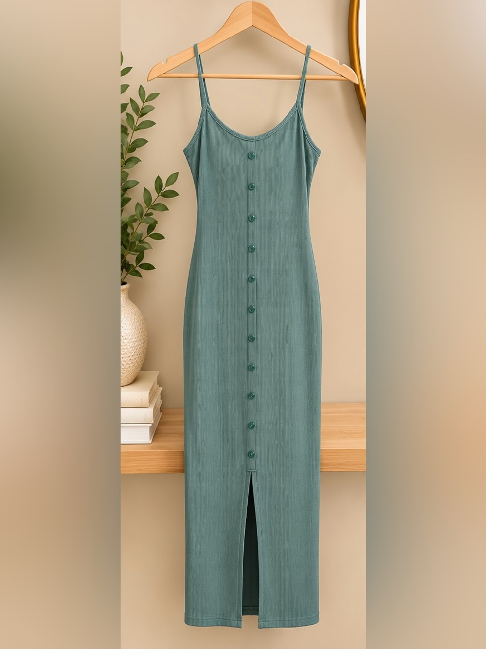 NWOT SHEIN Sage Green Ribbed Button Front Midi Dress Size S